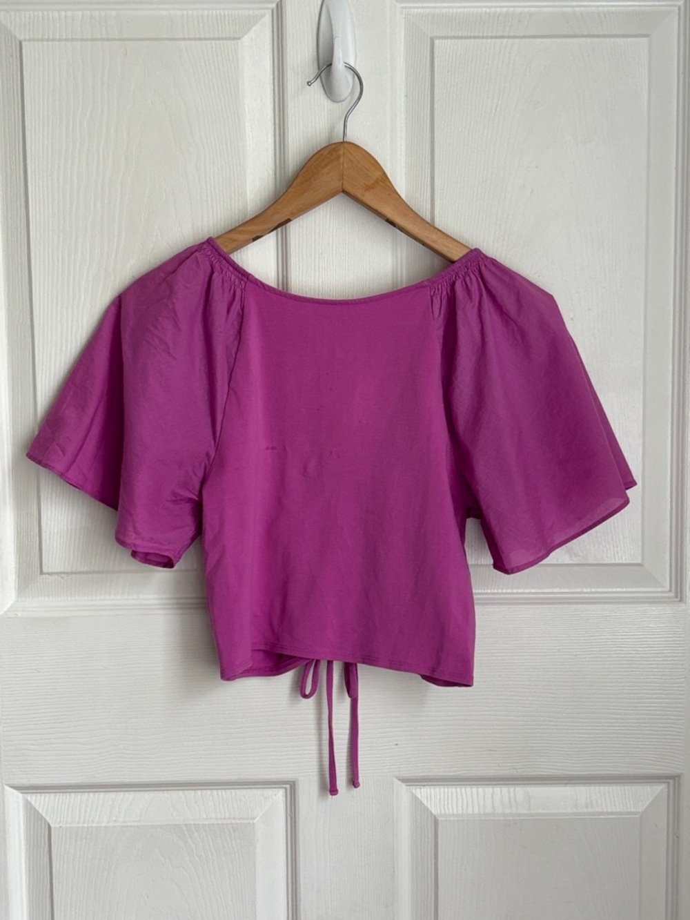 Anthropologie Maeve Magenta Ruched Drawstring V-Neck Crop Top Flutter Sleeve Sm - Picture 2 of 10